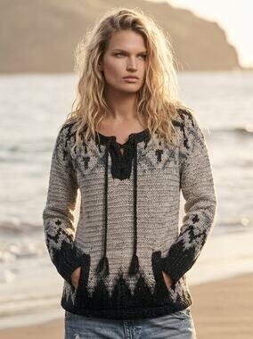 Free People Medium Love Bug Lace-Up Nordic Fair Isle Pullover Sweater Boho